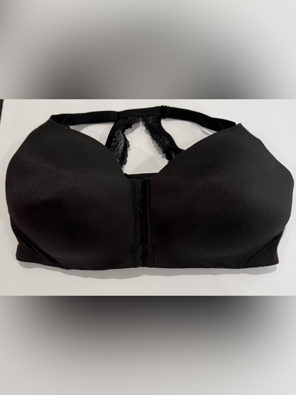 Cacique Lane Bryant Black Satin Lace Front Closure Racerback Women's Plus Bra - Picture 1 of 9